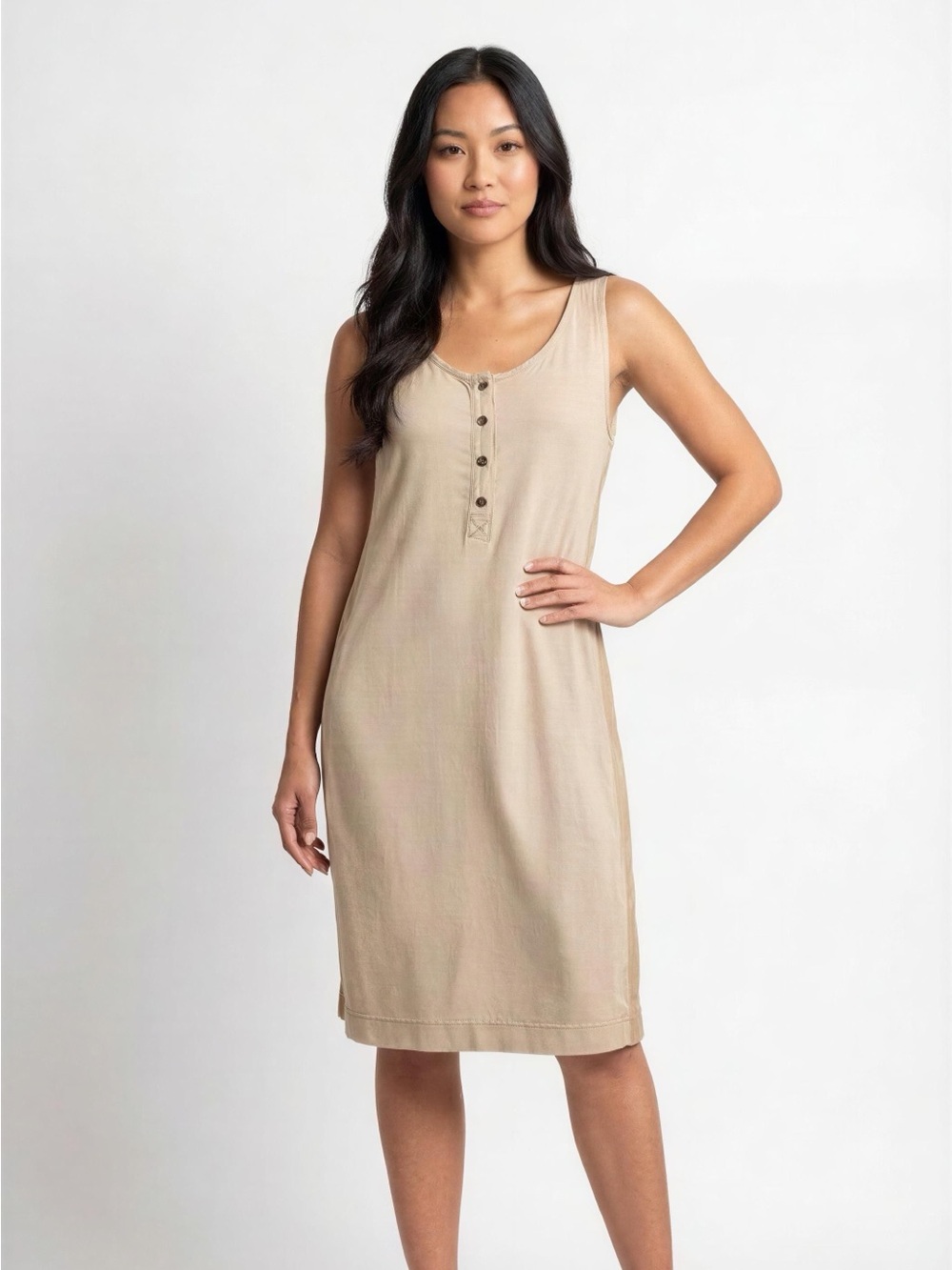 Sleeveless Button-Front Shift Dress in Beige Size XS
